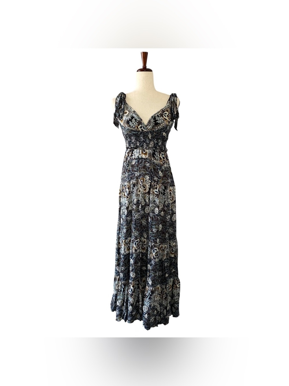 Free People Let’s Smock About It Maxi Dress XS Boho Empire Waist Smocked Tiered - Picture 1 of 11